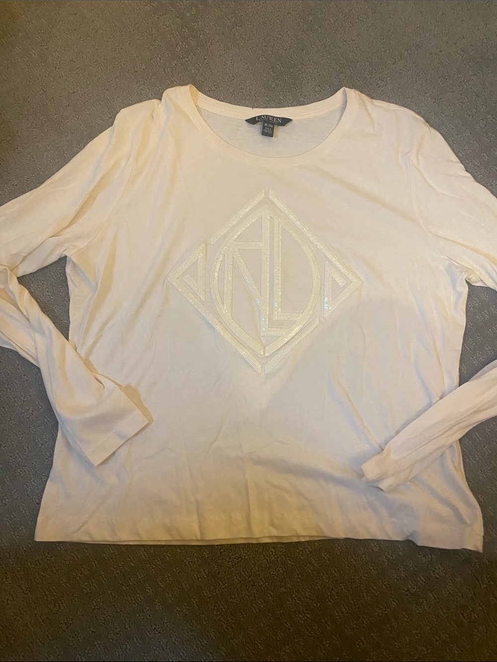 Lauren Ralph Lauren Cream Long-Sleeve Logo Tee with sequined logo. Size XL